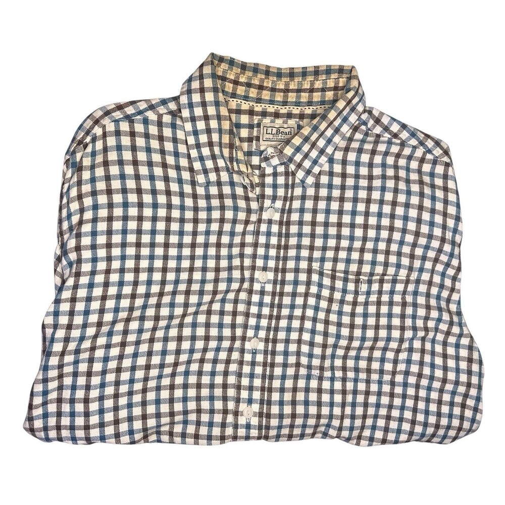 L.L.Bean Lightweight Button-Up Shirt XL Reg White Blue/Black Plaid Casualwear